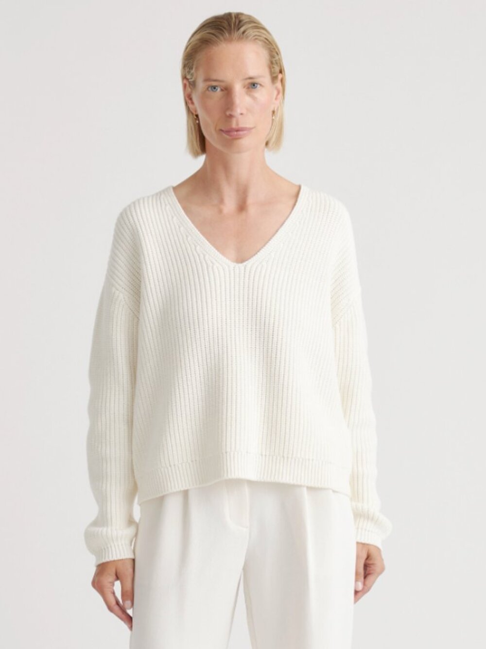 Quince 100% Organic Cotton Fisherman V-Neck Sweater Minimalist Quiet Luxury S